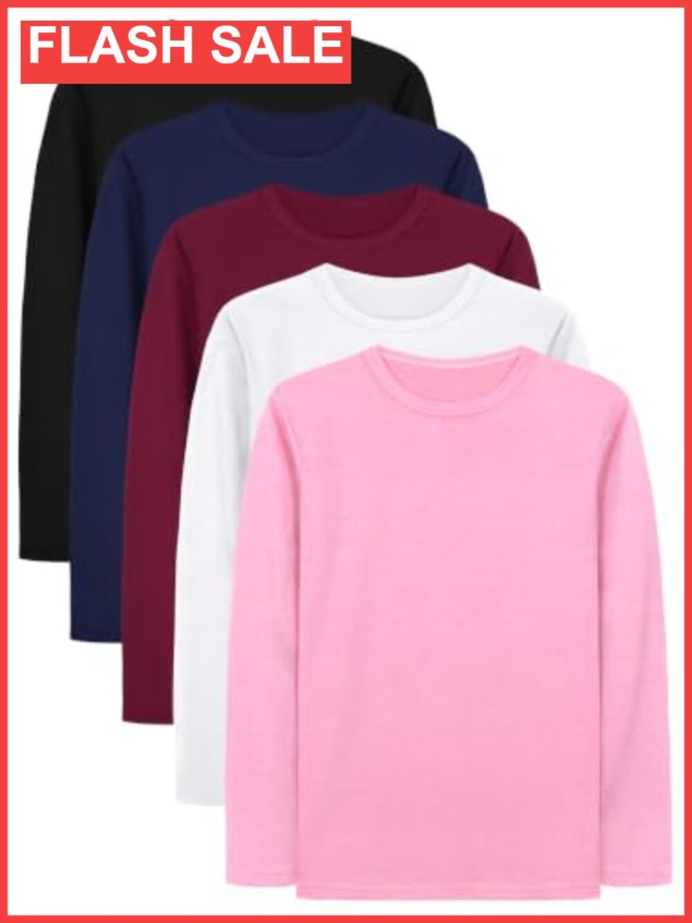 5 Pack Girls Long Sleeve Crewneck Tees Basic T-Shirts Kids